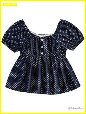 Girls Polka Dot Lace Trim Puff Sleeve Button Front Peplum Top